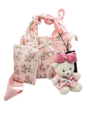 NWT Viral Madden Girl Pink Floral Mini Tote Crossbody Set Teddy Charm & Pouch